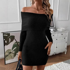 BXOXO Women's New Spliced Fashionable Solid Color Slim Fit Casual Long Sleeved Knitted One-piece Collar Dress