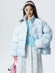 Bxoxo Blue Striped Crop Parkas for Women Y2K Sweet Butterfly Loose Cotton Warm Jacket Winter Fashion Preppy All Match Bread Outwear