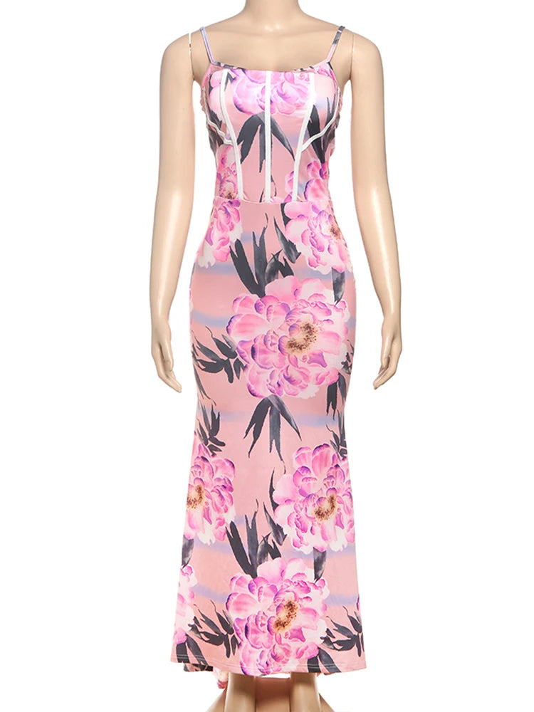 BXOXO Flower Print Dress Women Temperament Patchwork Spaghetti Strap Draped Backless Sleeveless Sexy Birthday Party Vestidos