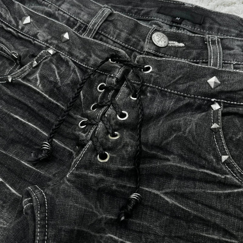 Bxoxo Vintage Double Waisted Lace Up Micro Flared Jeans Women Y2K Washed Wide Leg American Style Denim Pants Baggy Streetwear