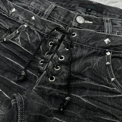 Bxoxo Vintage Double Waisted Lace Up Micro Flared Jeans Women Y2K Washed Wide Leg American Style Denim Pants Baggy Streetwear