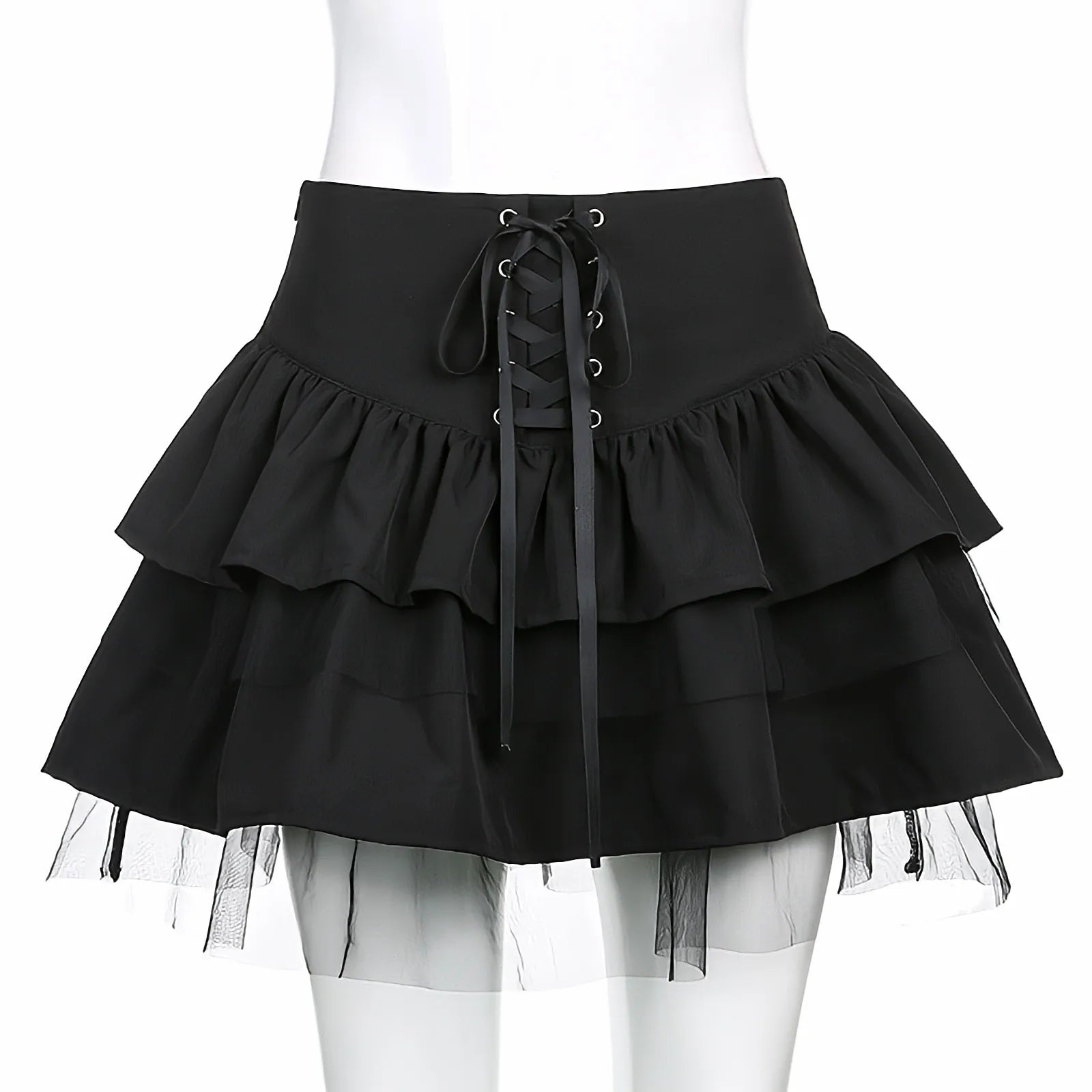 BXOXO Summer Gothic Lace Cute High Waist Bandage Sexy Mini Skirt Lolita Ruffles Pleated Japanese Black A-Line Y2k Short Tutu Skirt 90s