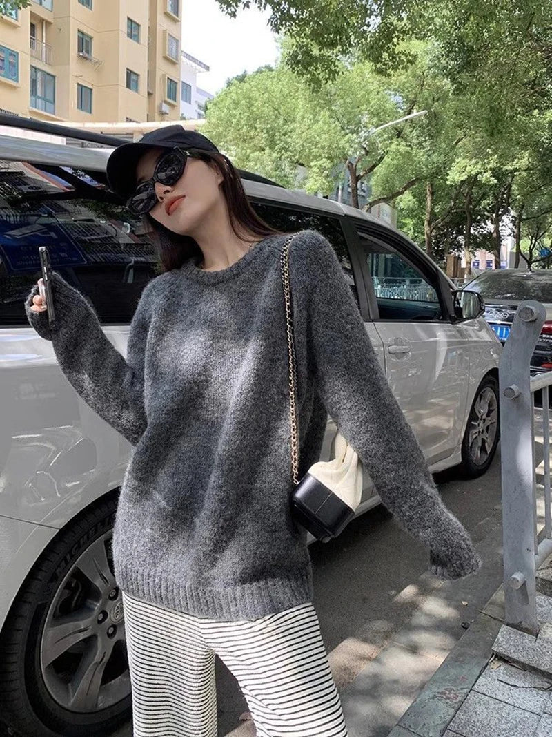 Bxoxo Streetwear Loose Gray Sweaters Women Long Sleeve Vintage Simple Knitted Pullover Korean Fall O Neck Female Retro Jumpers