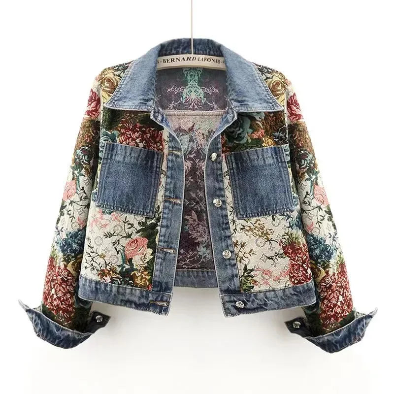 Bxoxo Spring Autumn New Printing Short Denim Jacket Women Fashion Loose Leisure Coat Patchwork Button Vintage Outerwear Female