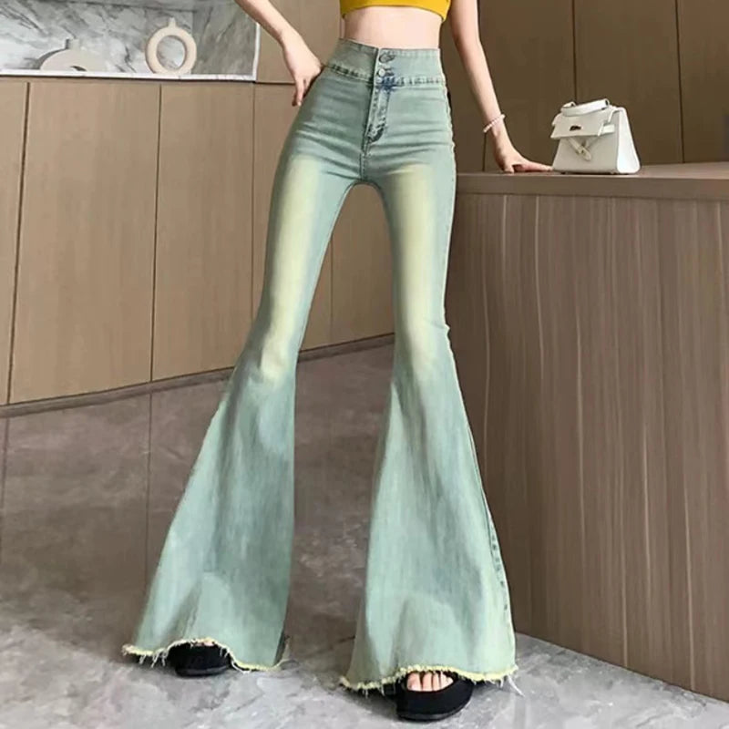 Bxoxo Y2K Vintage Raw Edge Flare Jeans Women Korean High Waist Slim Denim Pants Solid Hip Hop Streetwear All Match Wide Leg Trousers