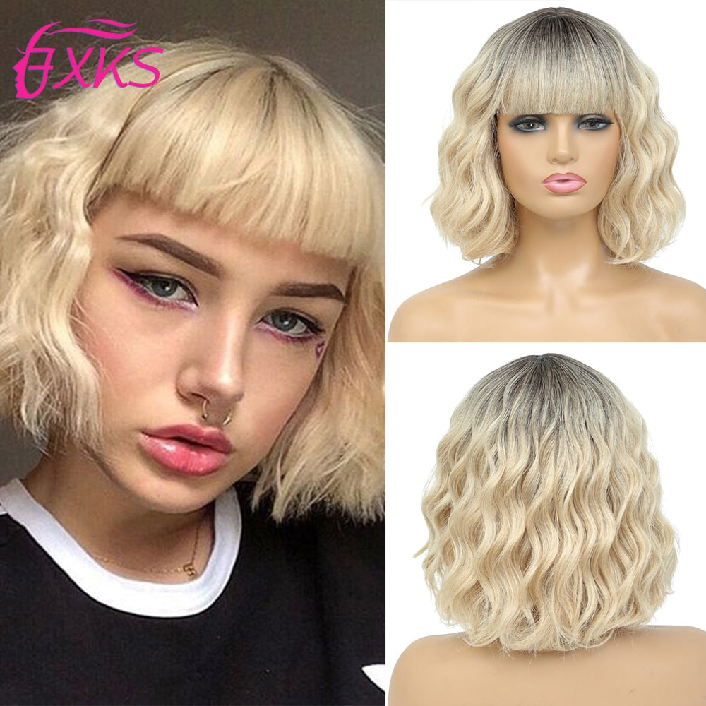 BXOXO Blonde Gold Short Wavy Synthetic Wigs With Bangs Brown Grey Silver Black Color Body Wave Hair Wigs 14Inch 200G For Women FXKS