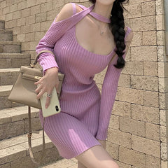 BXOXO Women Shawl Spaghetti Straps Slim Sexy Bodycon Dress Long Sleeve Off Shoulder Dress Beach Holiday Dress Women Autumn