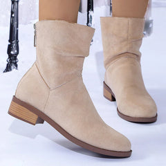 BXOXO Autumn Womens Solid Pleated Ankle Boots Fashion Faux Suede Square Heel Boots Ladies Round Toe Back Zipper Office Shoes Boats