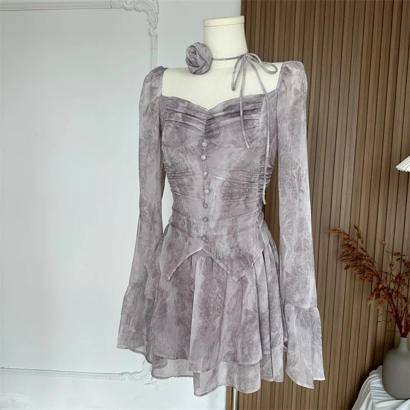 Bxoxo Women A-line Luxury Dress Elegant Long Sleeve Mini Evening Dress Harajuku Vintage 90s Y2k One Piece Frocks 2000s Clothes Autumn