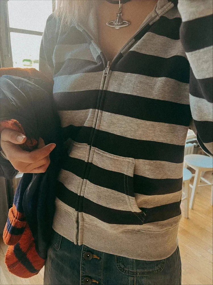 Bxoxo Striped Patchwork Zip-up Hoodie Autumn Cotton Pocket Drawstring Hooded Sweatshirt Women Y2k Streetwear Vintage Loose Tops Jacket