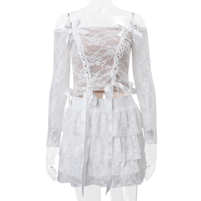 BXOXO Y2K Kawaii Retro Outfits Lolita 2 Piece Set Fairy Cute Bow Lace Off Shoulder Crop Tops T-shirt + Multi-layers Pleated Mini Skirt