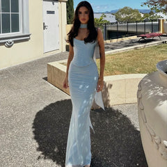 BXOXO Elegant Maxi Wedding Guest Dress Set Sexy Strapless Blue Cropped Top Set Bodycon Holiday Party Dresses Women