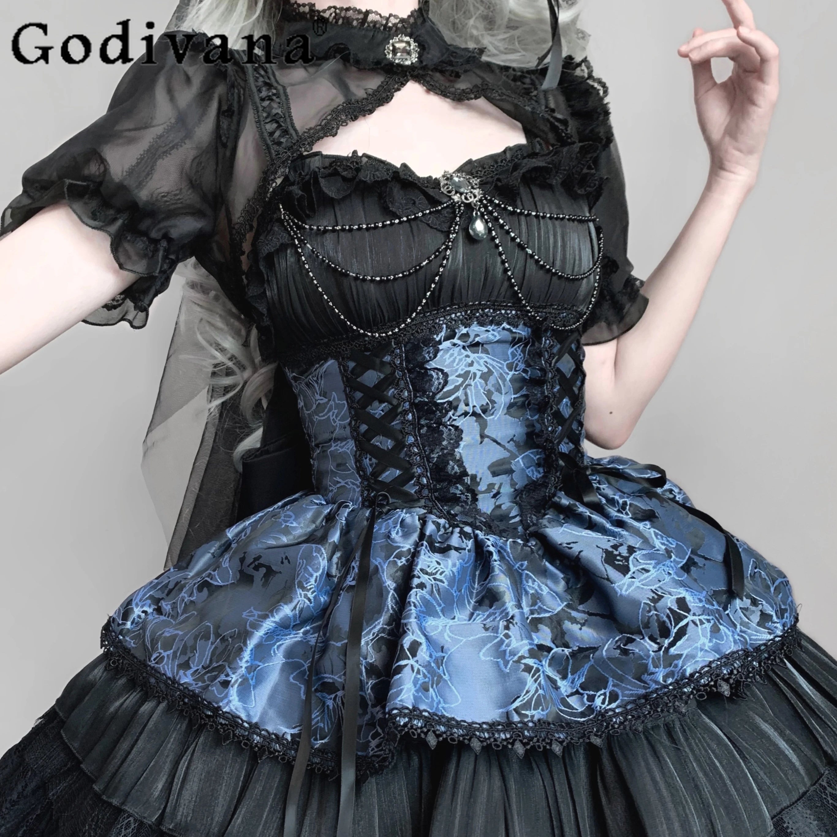 BXOXO Japanese Style Sweet Lolita JSK Princess Dress Gothic Lace Stitching Chain Bow Sleeveless High Waist Slim Mini Sling Dress Women