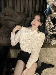 Bxoxo French Ruffle White Shirt Women Japanese Sweet Lolita Long Sleeve Female Blouse Y2K Kawaii Preppy All Match Chic Crop Tops New