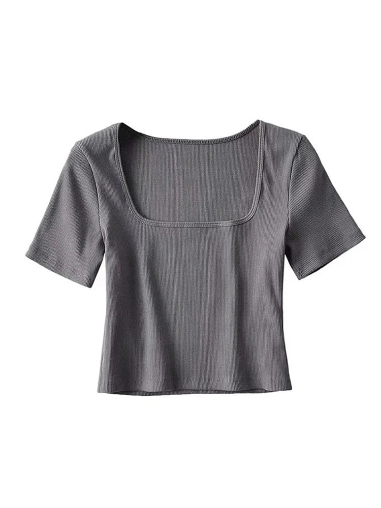 BXOXO Women Square Neck Rib Crop T-shirt Short Sleeve Crop Top