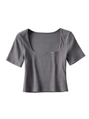 BXOXO Women Square Neck Rib Crop T-shirt Short Sleeve Crop Top
