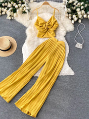 BXOXO Summer Women Pleated Two Piece Set Sexy Female Criss Cross Twist Strap Tops + High Waist Draped Pants Beach Suits Vacation New