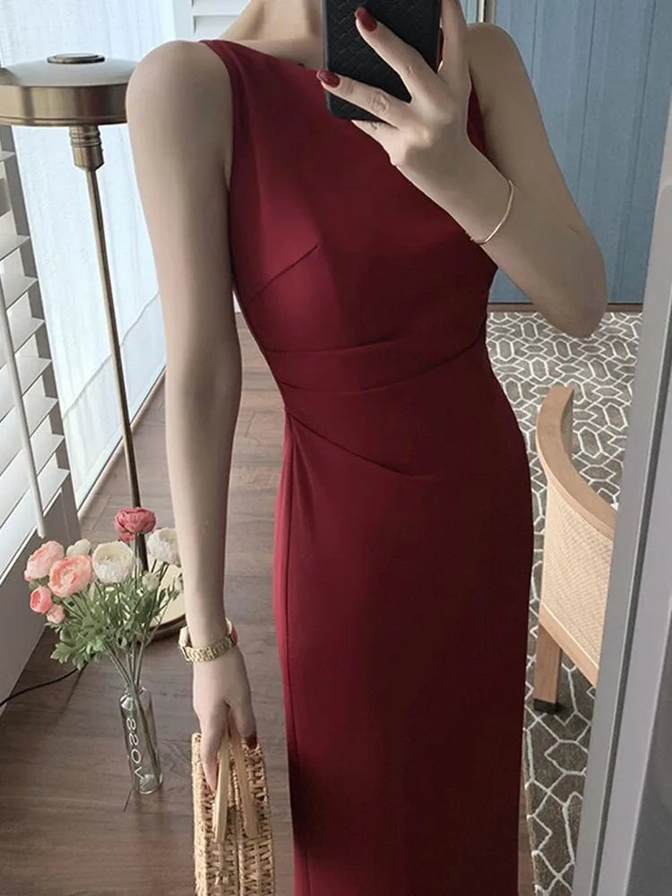 Bxoxo Women's Spaghetti Strap Sleeveless Solid Sexy Dresses Summer New Fashion Office Lady Female Elegant Evening Party Midi Dress