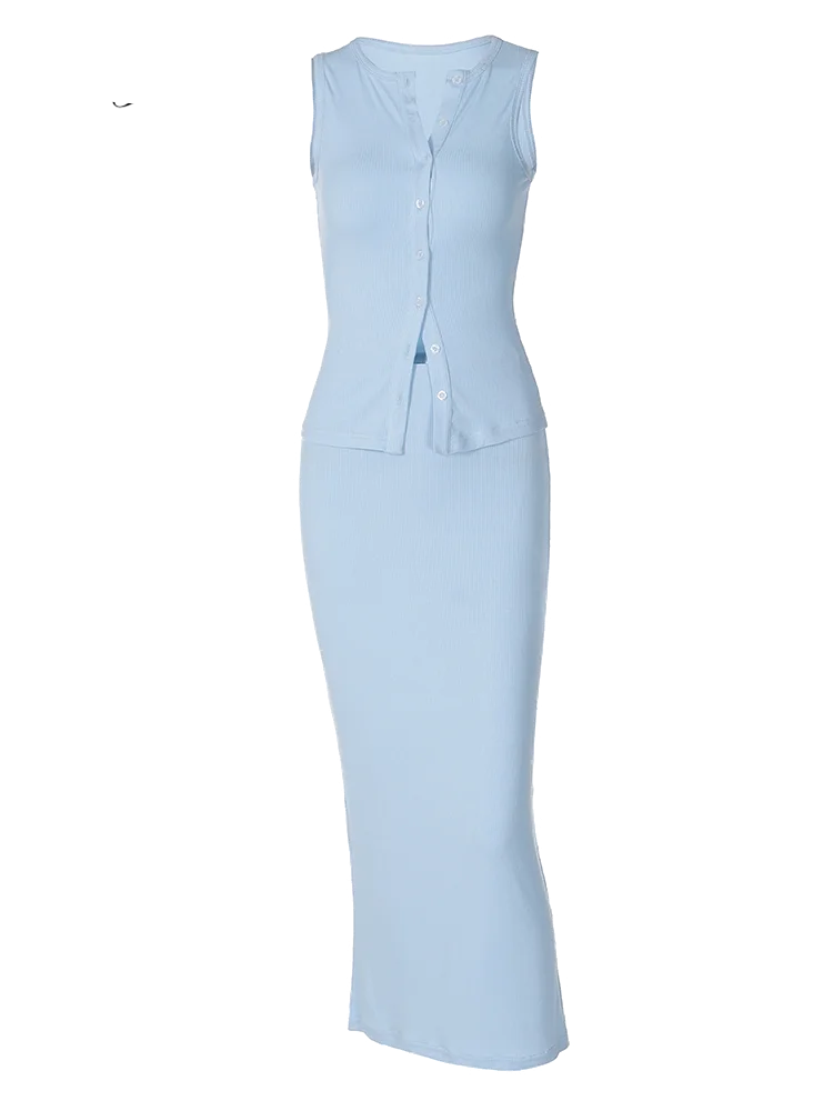Bxoxo Matching Suit Sleeveless Ribbed Single-Breasted Top Shirt Maxi Skirt 2024 Spring Summer Women'S Clothing Sexy Streetwear