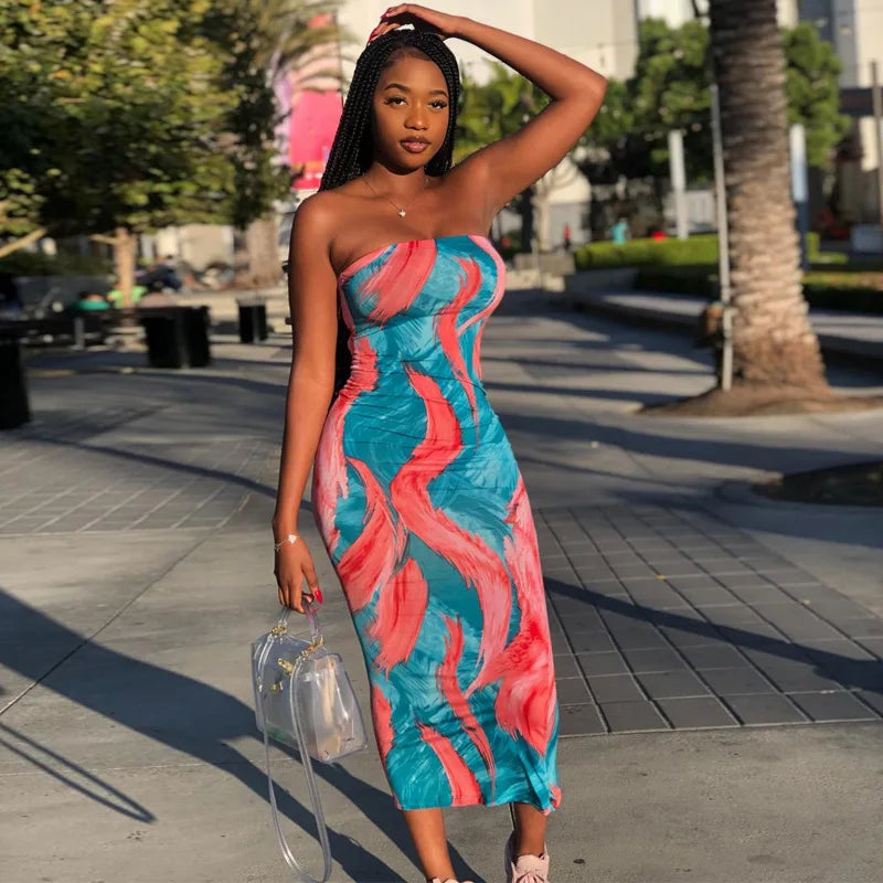 BXOXO Spring/Summer Women's Colorful Tie Dye Print Off Shoulder Wrapped Chest Dress