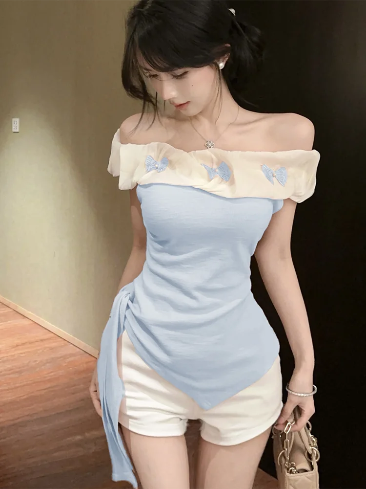 BXOXO Sexy Off Shoulder Slim T Shirt Women Elegant Fashion Slash Neck Sweet Tees Korean Lace Up Design Irregular Butterfly Tops