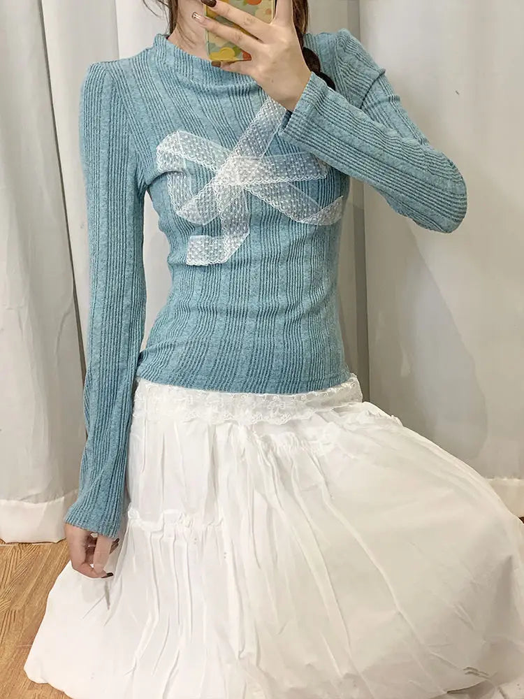 BXOXO Korean Style Y2k Knitted Pullover Women Bow Lace Long Sleeve Sweaters Harajuku Vintage Patchwork Knitwear Pullovers