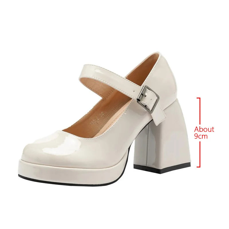 BXOXO Mary Jane Heels Women Hot Sale Pu Leather Ankle Buckle High Heels  Platform Shoes Woman Thick Heeled Goth White Pumps