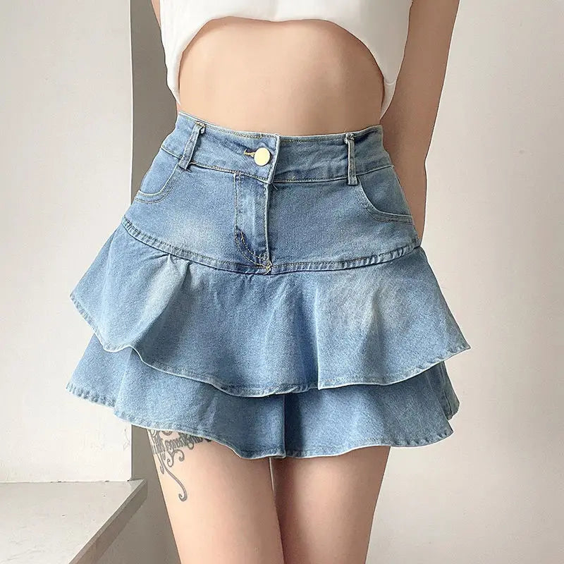 BXOXO Vintage Denim Skirt Shorts Women Summer Korean Fashion High Waist A-line Slim Cute Sexy Mini Jean Ruffle Skirt Female