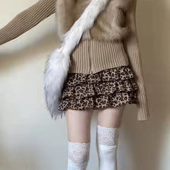 Bxoxo Leopard Print Sexy Mini Skirt Women Ruffle Y2k Vintage Harajuku Short Skirts Streetwear High Waist Layered Retro Skirt