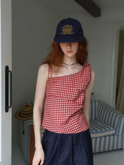 Bxoxo American Retro Plaid Tanks Women Slim Sexy Off Shoulder Camis Tanks Cute Bow Vintage Female Summer Casual Y2K Tanks Tops