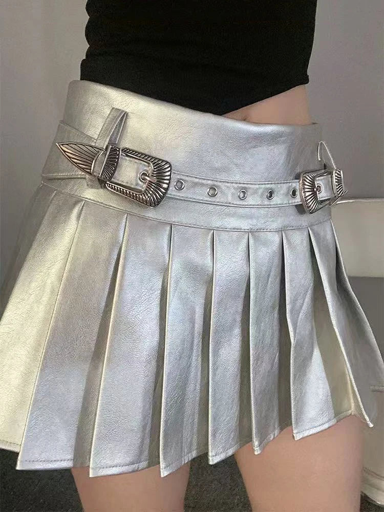 Bxoxo PU leather Pleated skirts Women Y2K High Waist With belt casual A line Punk skirts Fashion Hot Girls Night Party mini skirts