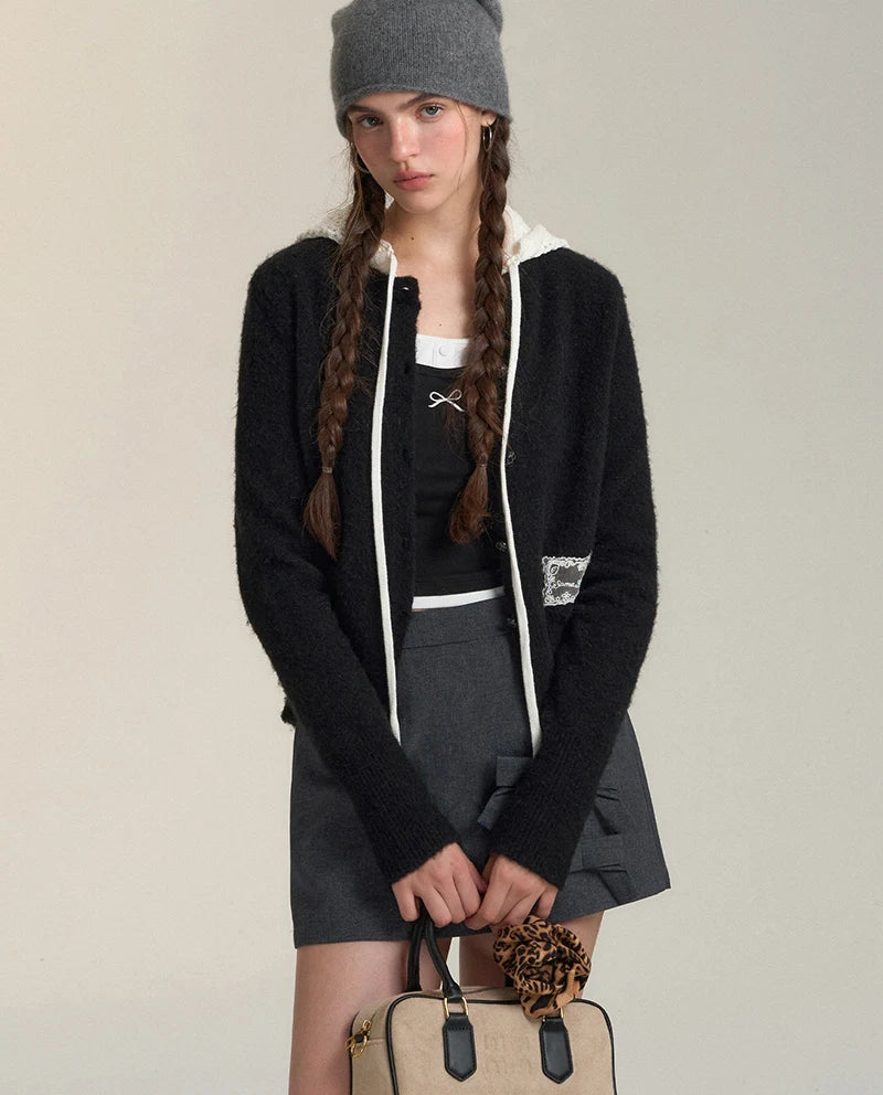 Bxoxo Vintage Streetwear Hooded Cardigan Women Long Sleeve Hollow Out Patchwork Knitted Sweaters American Retro Lace Up Lace Tops