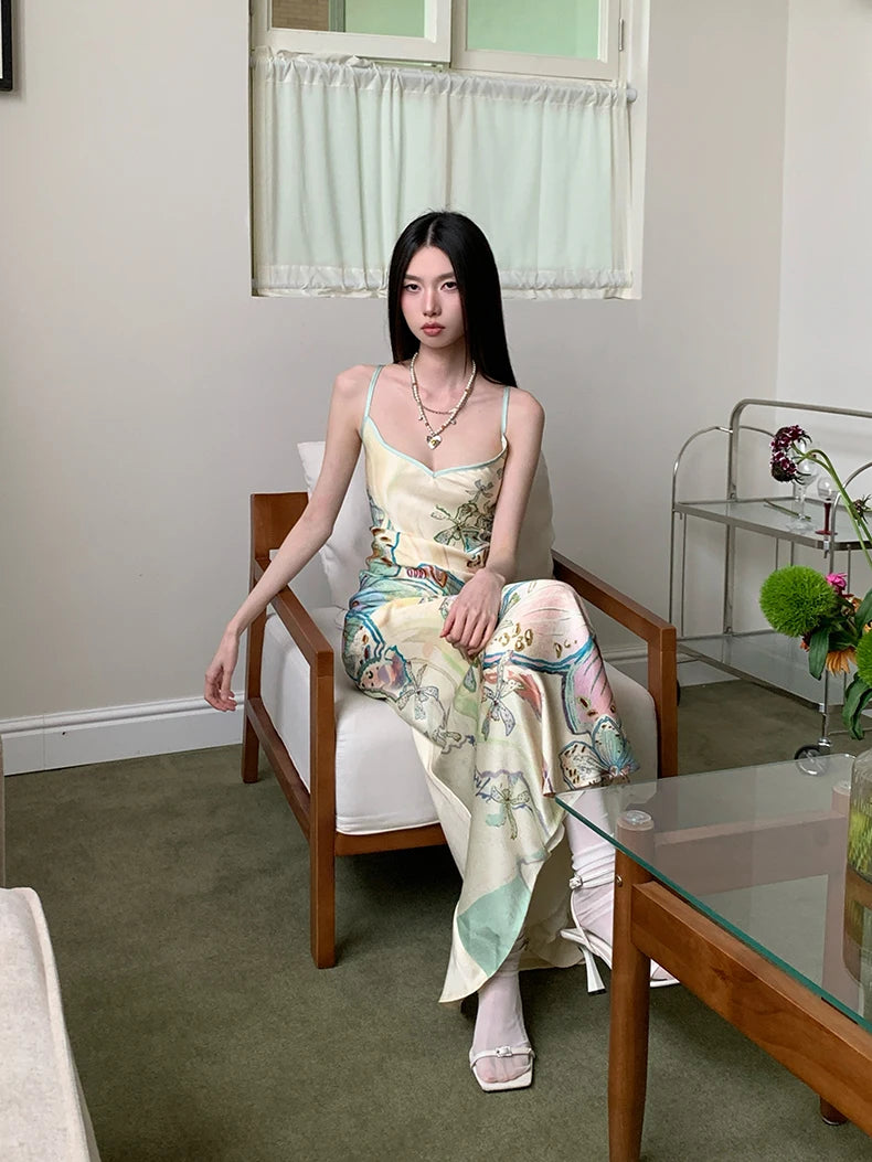 Bxoxo Ocean Flowers Backless Long Mermaid Dress For Woman Summer 2025 V Neck Midi Slip Dress Evening Party Clothes