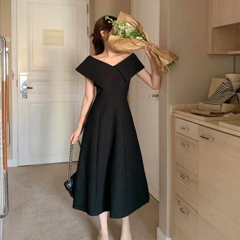 Bxoxo Long V-Ne Bla Dr Women's Korean Sle A-Line Skirt High Waist Summer New Faion mat Casual Dr
