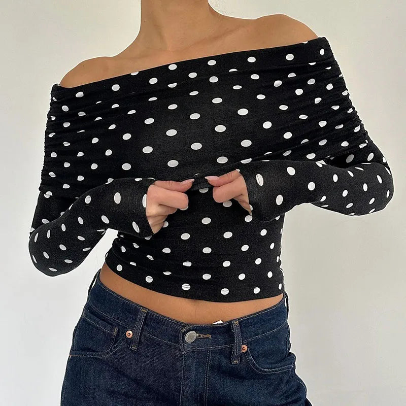 Bxoxo Vintage Elegant Off-shoulder T-shirt Women Casual Full Sleeve Skinny Shirt for Summer Streetwear Basic Tees y2k Aesthetic