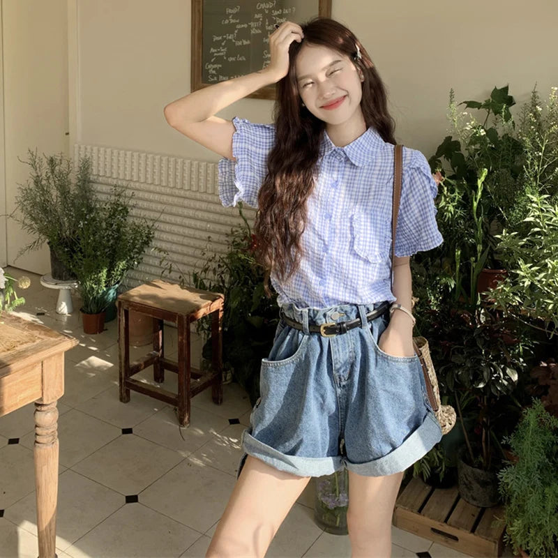 Bxoxo Korean Ruffles Short Sleeve Plaid Shirt Women Preppy Sweet Turn Down Collar Blouse female Summer chic Pocket Button blouse