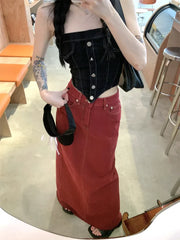 BXOXO Women's Red Split Back Denim Skirt Summer Chic Design Street Style Solid Color Female Straight Floor Length Long Skirts