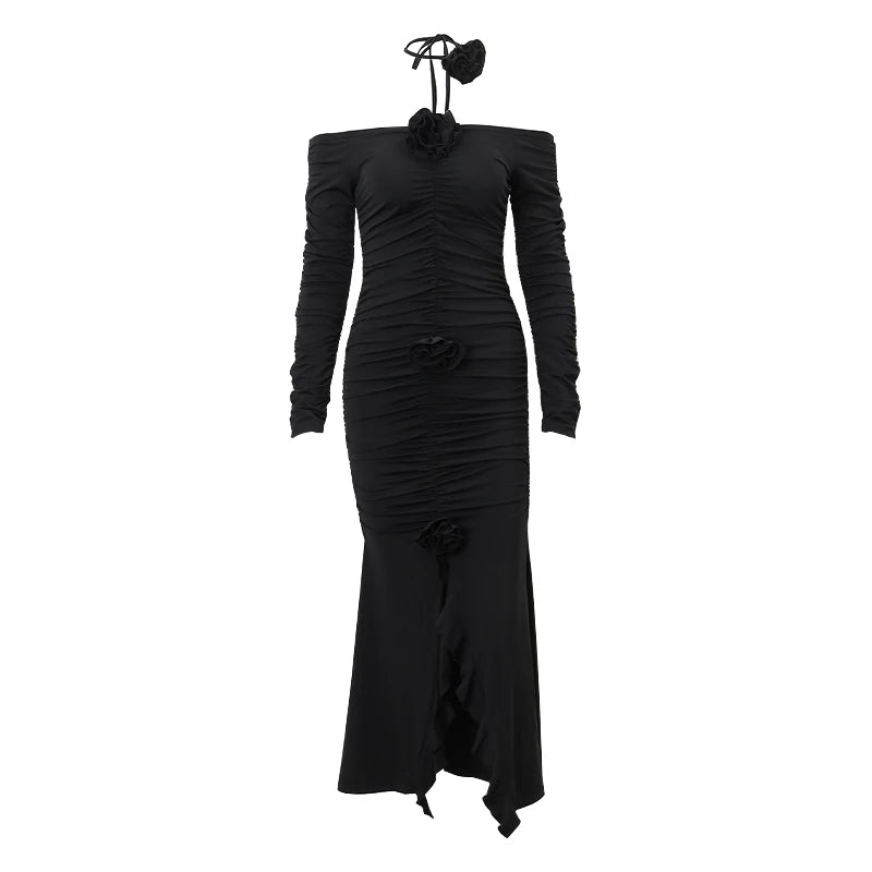 BXOXO Elegant Fashion Off Shoulder Dark Flower Ruffles Long Dress Gothic Slash Neck Long Sleeve Maxi Dresses For Women 2024