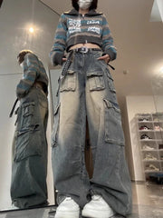 Bxoxo American Streetwear Cargo Jeans Women Y2K 90S Retro High Waist Washing Loose Denim Trousers Hip Hop Pockets Wide Leg Pants