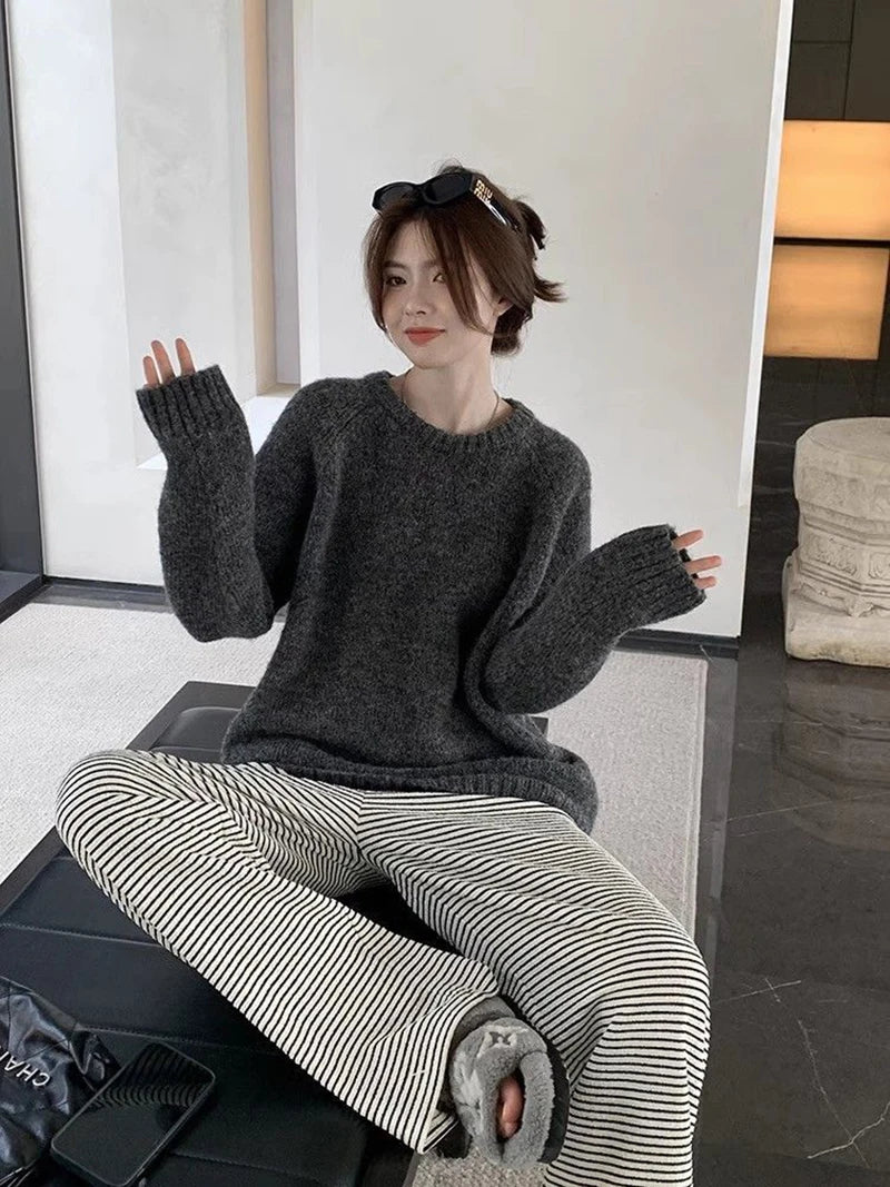 Bxoxo Streetwear Loose Gray Sweaters Women Long Sleeve Vintage Simple Knitted Pullover Korean Fall O Neck Female Retro Jumpers
