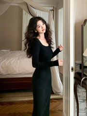 Bxoxo Square Neck Knitted Midi Dress for Women Autumn Sexy Slim Solid Dress Y2K French Elegant Office Lady All Match Hip Vestidos New