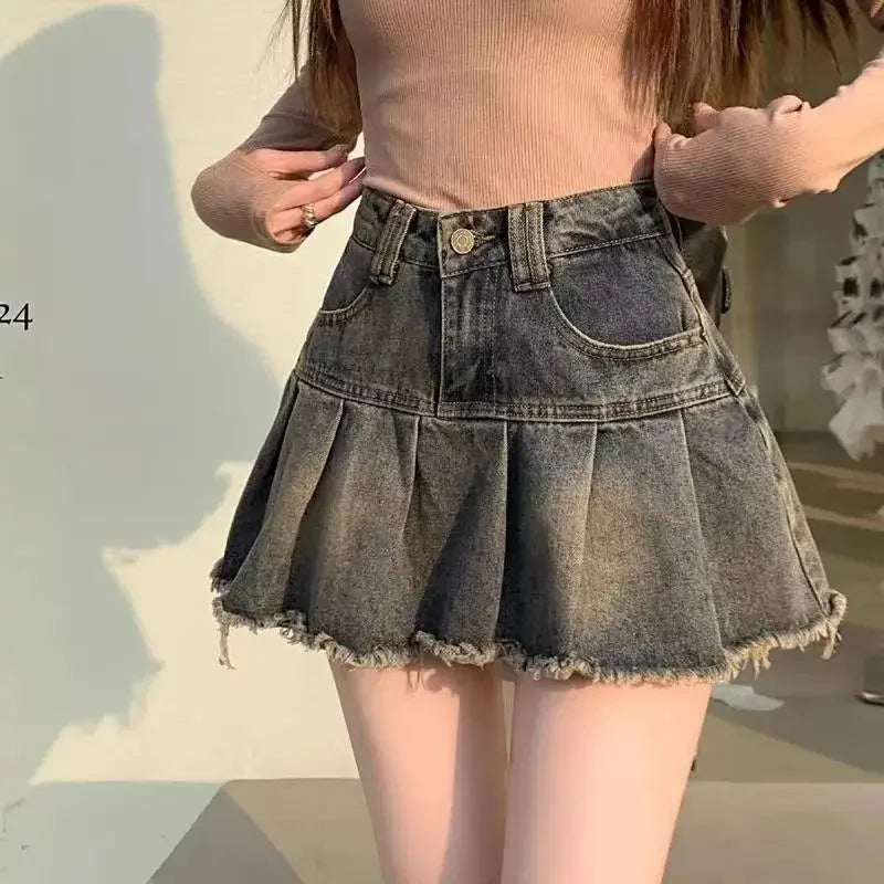 BXOXO Vintage Fringe Design Slimming High-waisted Denim Skirt Women's Mini Dress Plenty Wrinkles For Summer