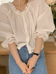 Bxoxo Chic Lace irt Women's ort Korean Sle oulder Insert Sves White Slimming Top V-Ne Long Sve Commute Faion