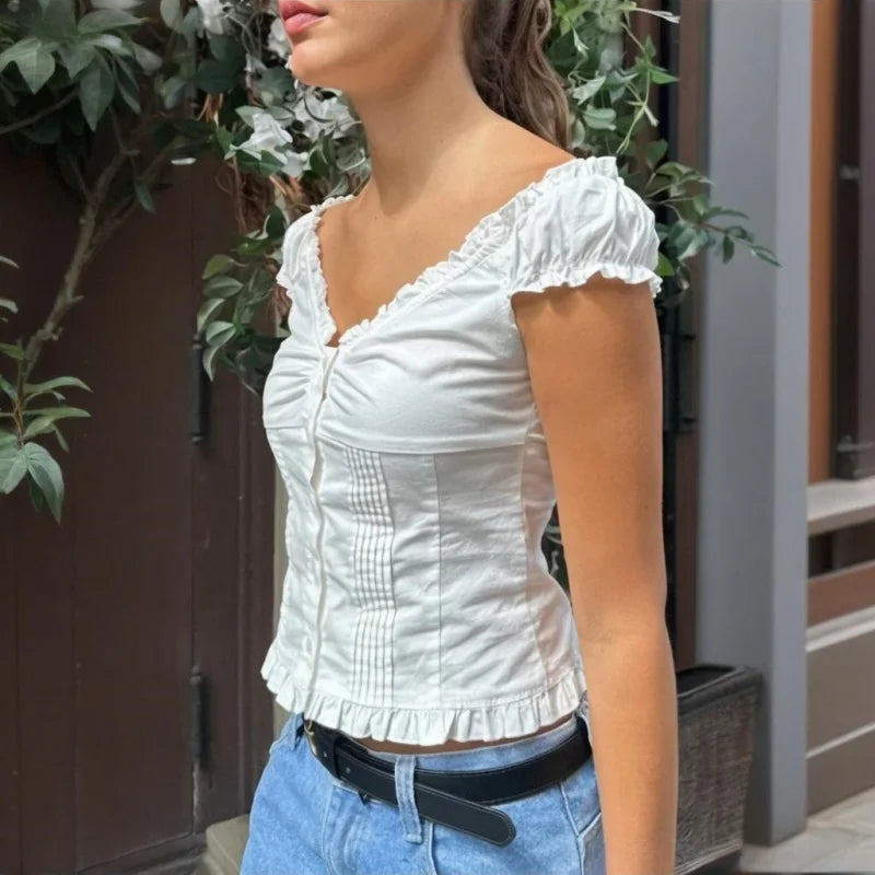 Bxoxo y2k Tank Top Women Summer Clothes Solid Color Cap Sleeve Button Down Slim Fit Frill T Shirt 2000s Vest Streetwear