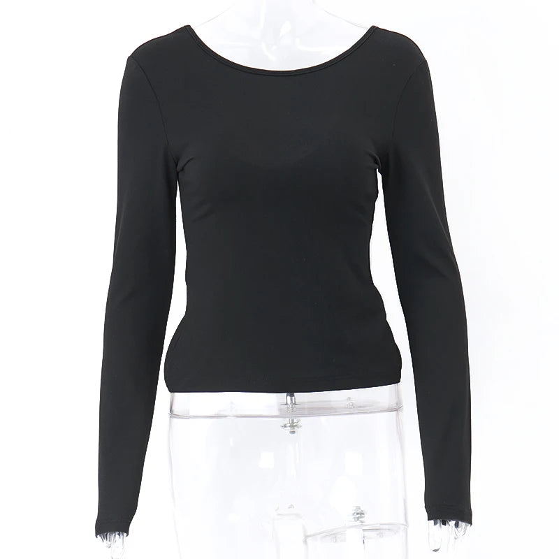 Bxoxo Sexy Long Sleeve Backless T Shirt Gothic Round-neck Skinny Women Crop Tops 2022 Autumn Fashion Black Tees Party Clubwear