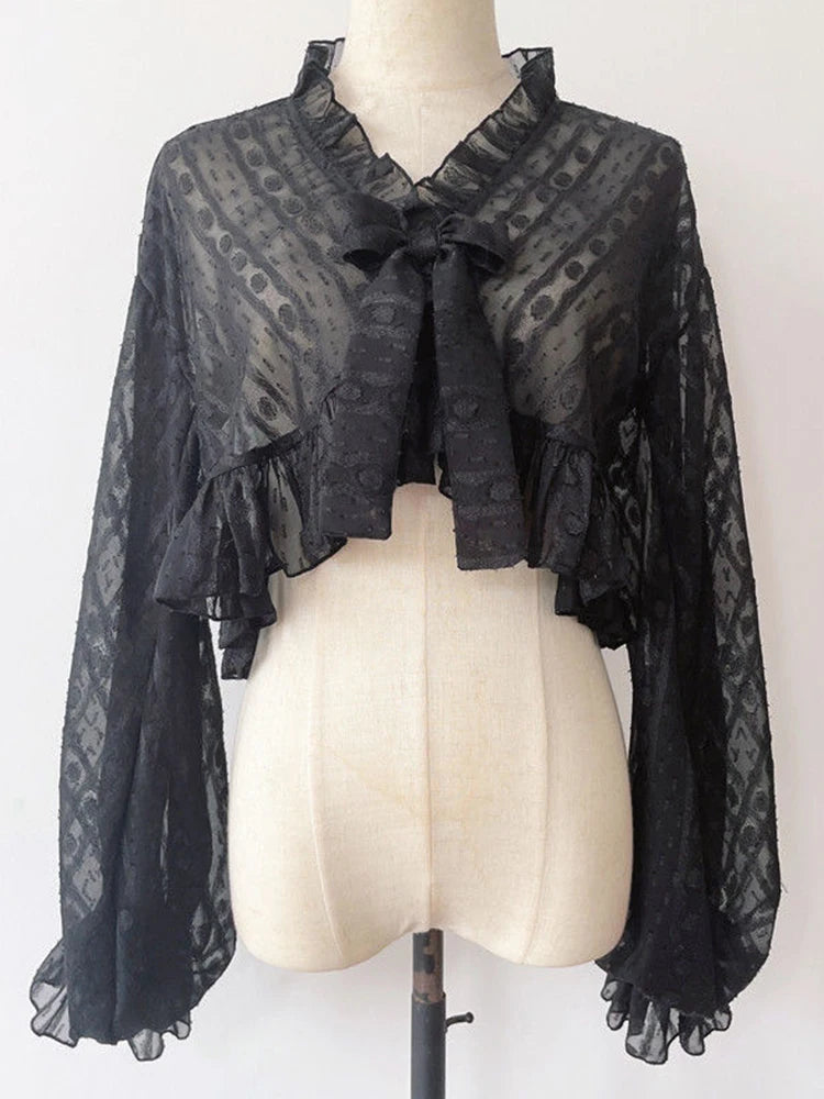 Bxoxo Lolita Sweet Sun Proof Shirt Women Cute Bow Lantern Sleeve Cropped Blouse Japan Kawaii Casual Elegant Jk Open Stitch Tops