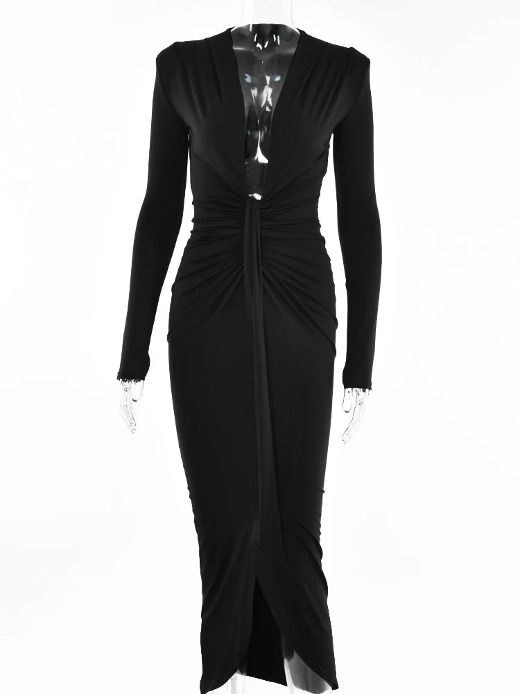 BXOXO  Side Split Pleated Evening Dress Women Sexy Slim High Waist Elegant Party Robe Bodycon Deep V Neck Bandage Ladies Dress