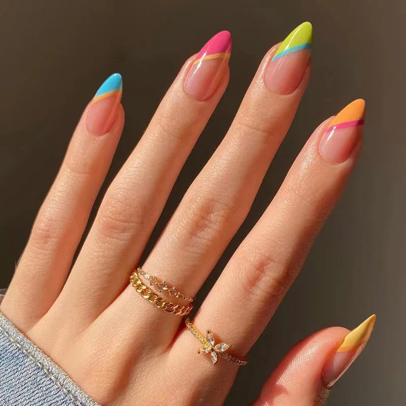 Bxoxo 24P French Oval False Nails Girls White Edge Design Nude Color Wearable Press on Nail Full Cover Short Acrylic Almond Fake Nails