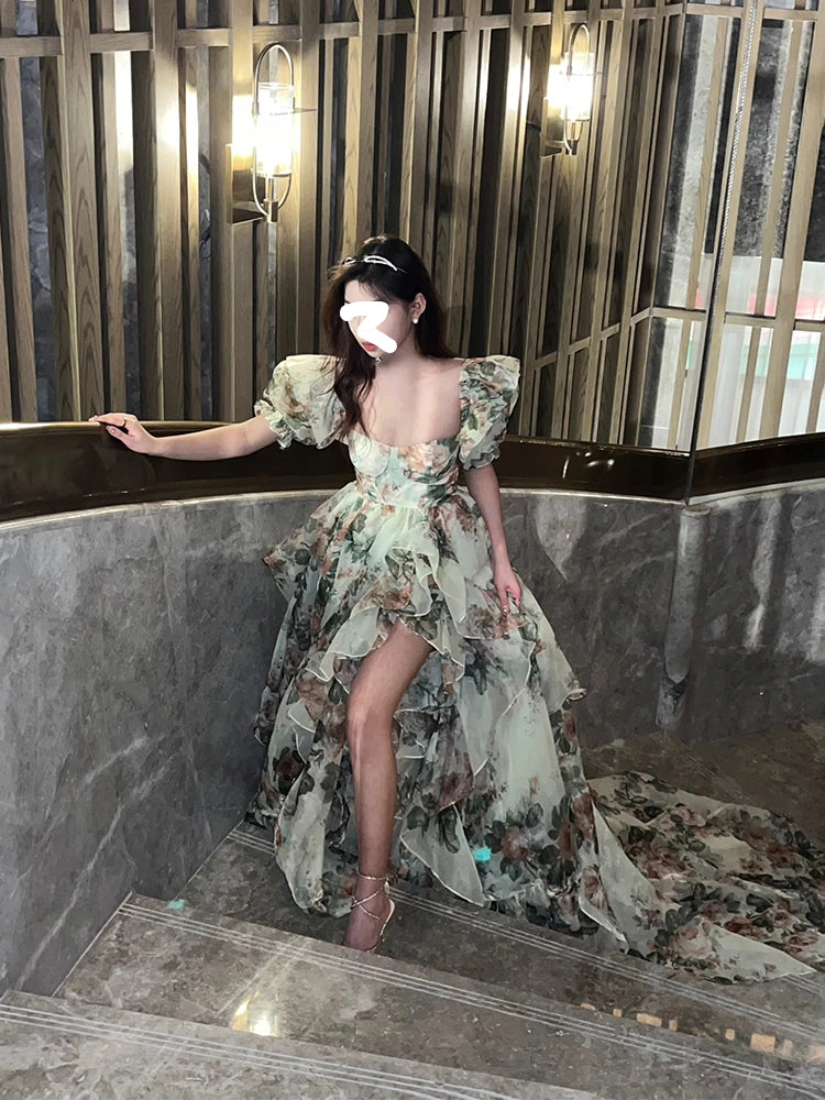 Bxoxo Summer Even Floral Dress Women Casual Short Sleeve Long Dress Office Lady Birthday Party Formal Dress Korean Holiday Chic