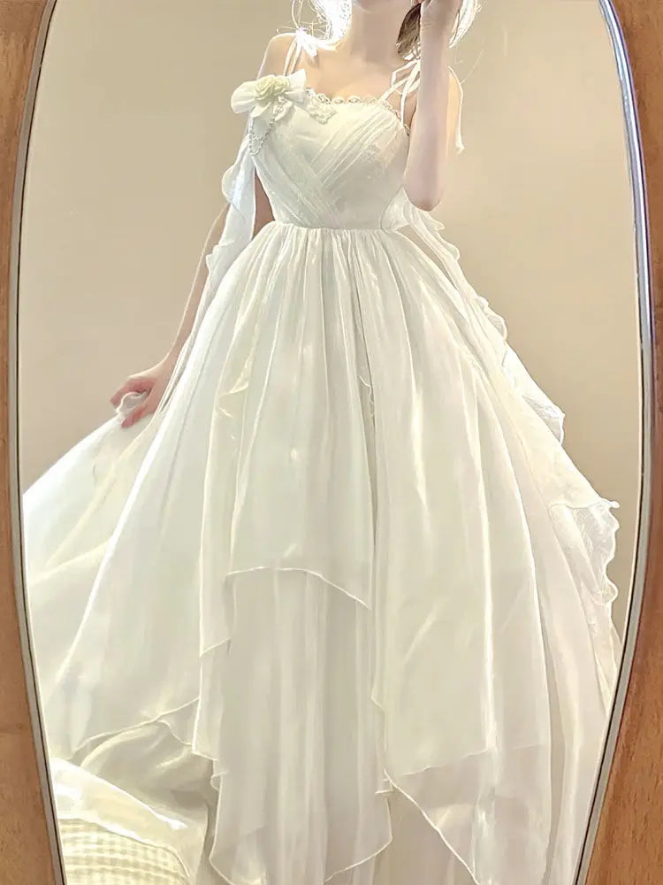 Bxoxo Summer Fairy White Dress Women Slim Fit Maxi, French Ruffle Long Dress Beach Elegant Goddess Style Outfit